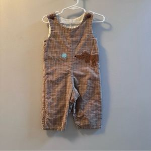 Boys 9mon Embroidered Dog Chasing ball Brown/Tan/Blue gingham longalls